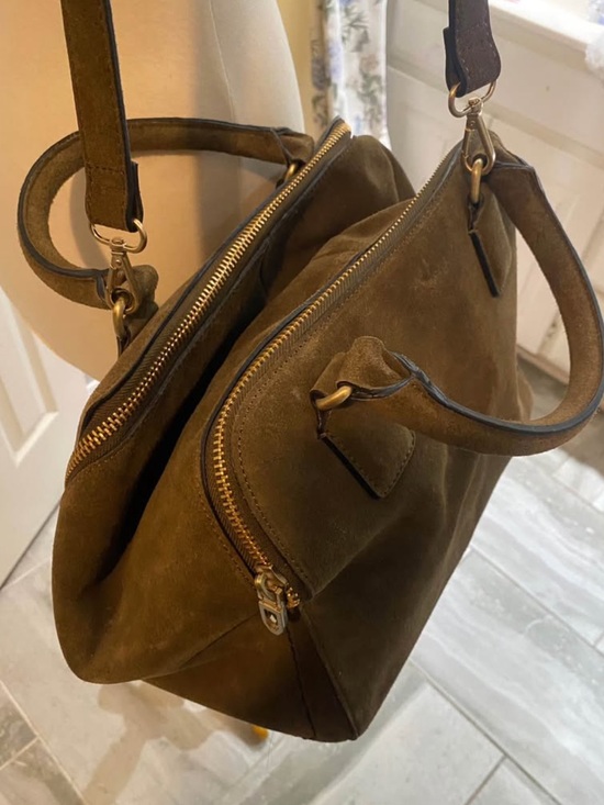 Handbags - Zara Suede Olive Green Structured Shoulder Bag